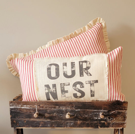 Our Nest Frayed Red Ticking 10x20 Pillow