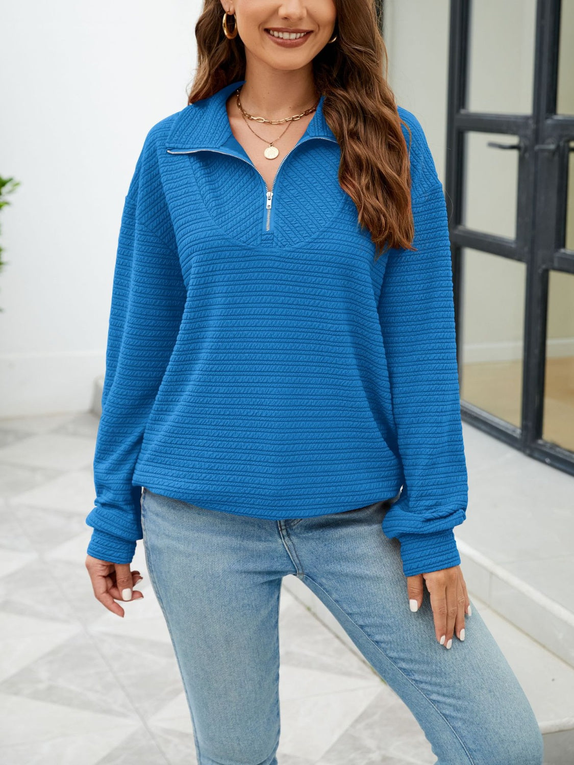 Quarter-Zip Collared Drop Shoulder Sweatshirt