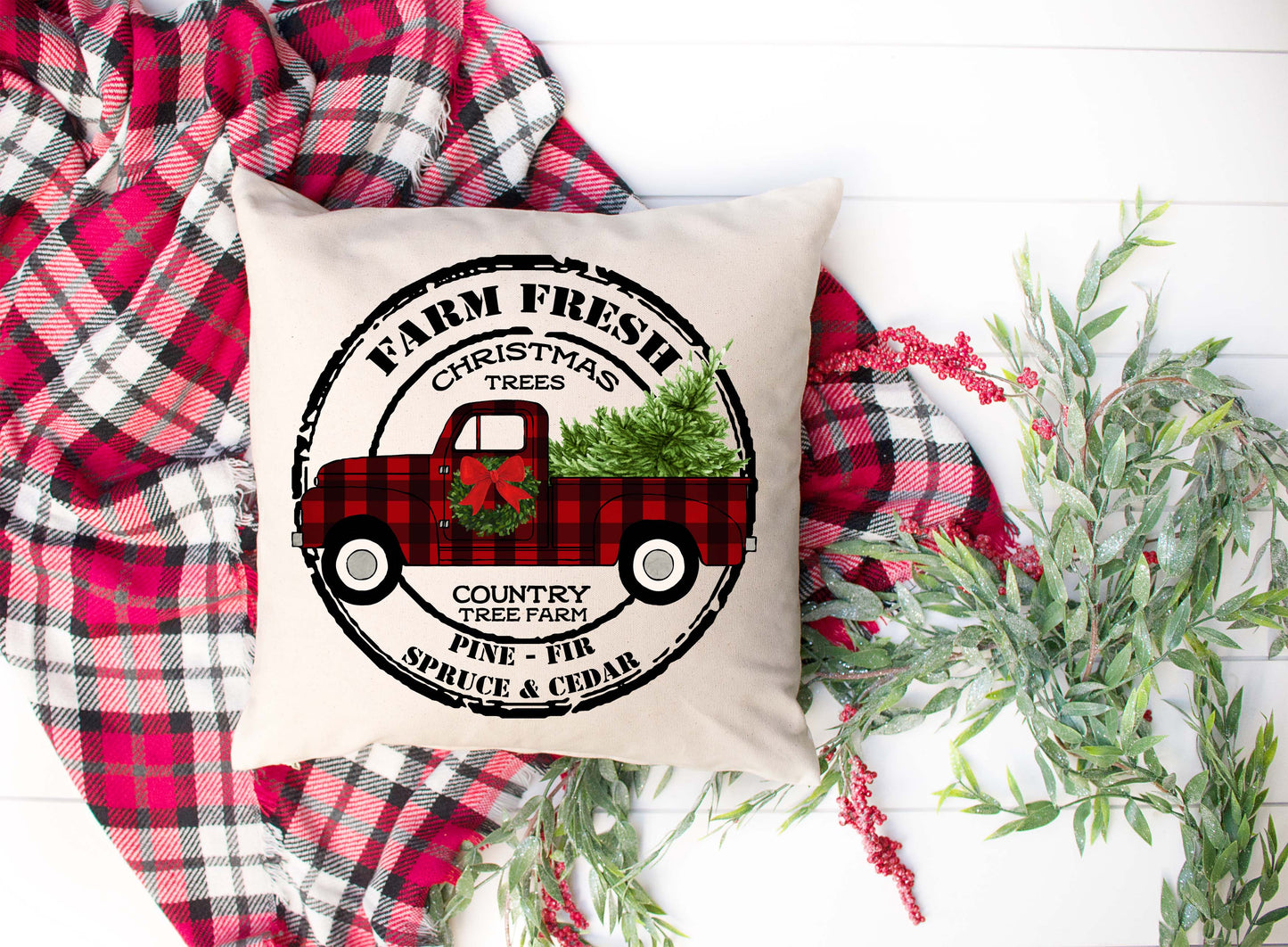 Farm Fresh Trees Red & Black Buffalo Truck Pillow