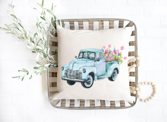 Blue Truck With Bed Of Flowers Pillow