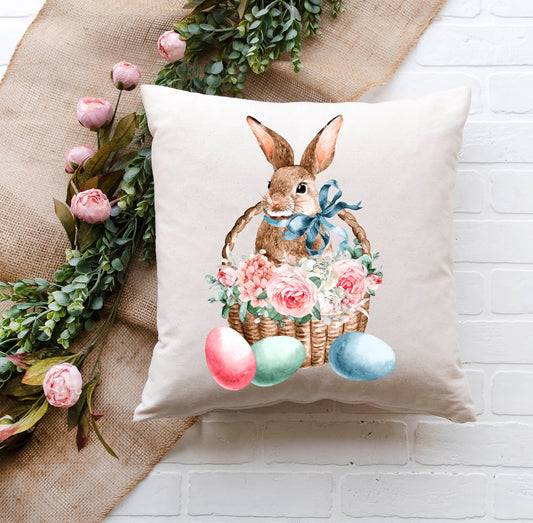 Easter Bunny Basket Of Flowers Pillow Cover