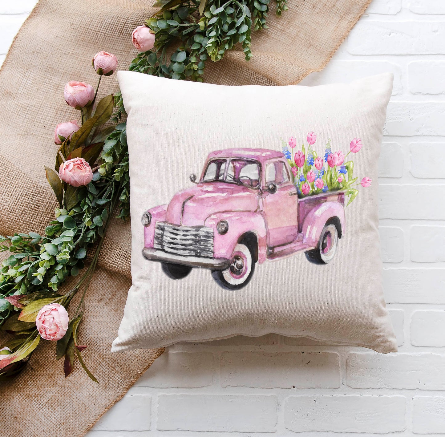 Pink Truck With Flowers Pillow