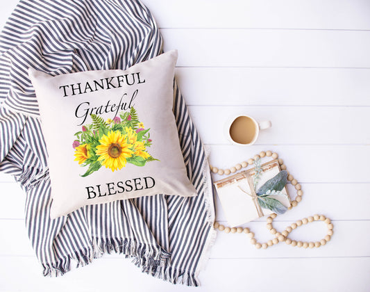 Thankful Grateful Blessed Sunflower Pillow