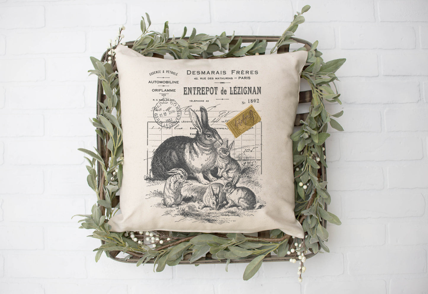 Vintage Easter Bunny Family Pillow