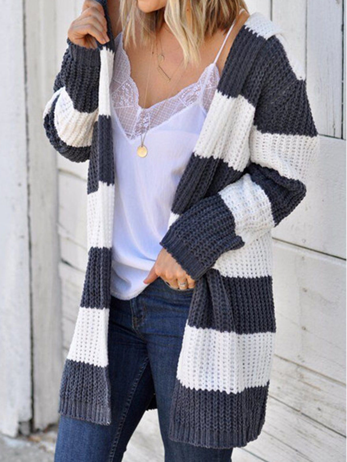 Striped Open Front Hooded Cardigan