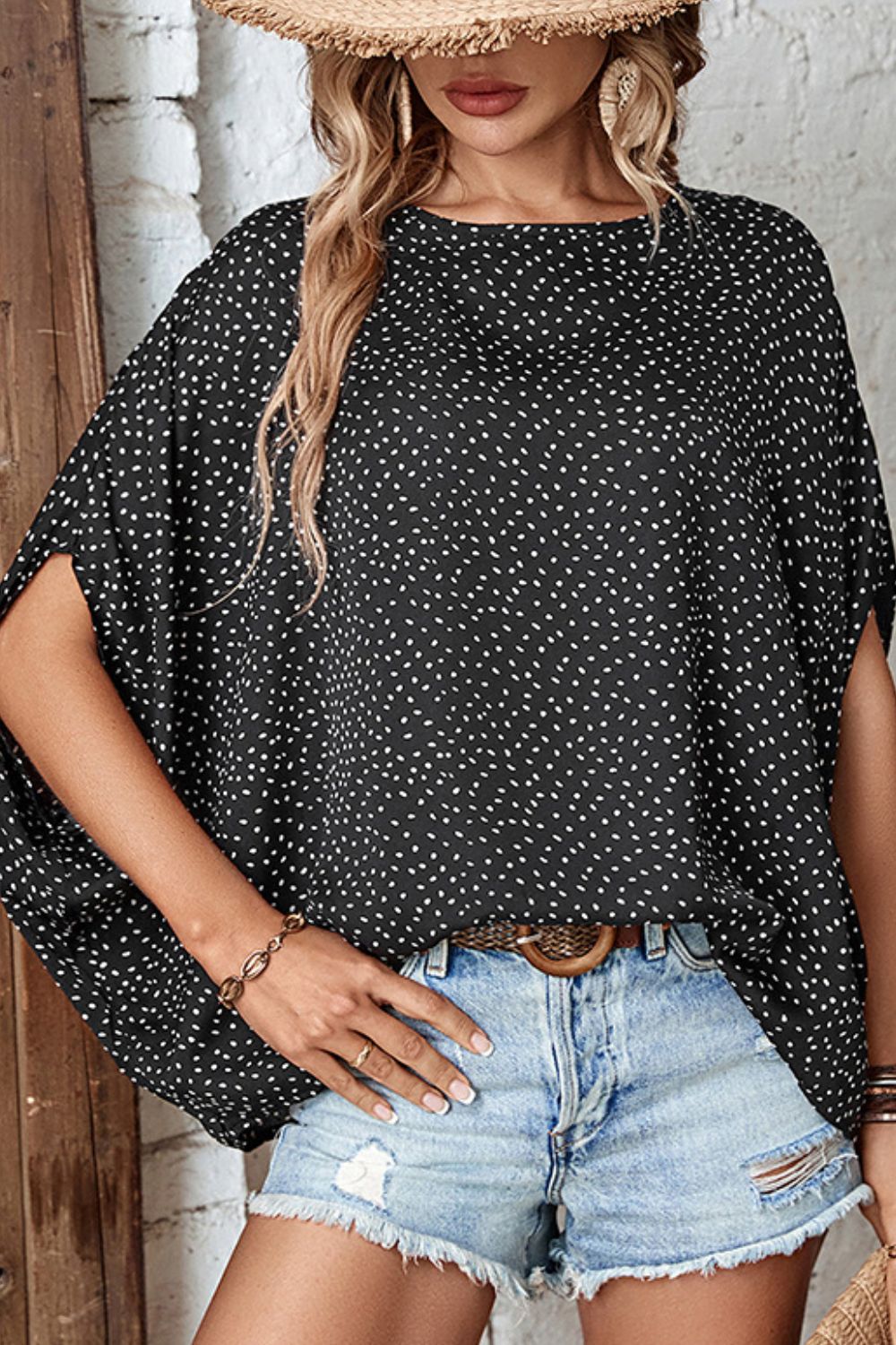 Printed Dolman Sleeve Round Neck Blouse