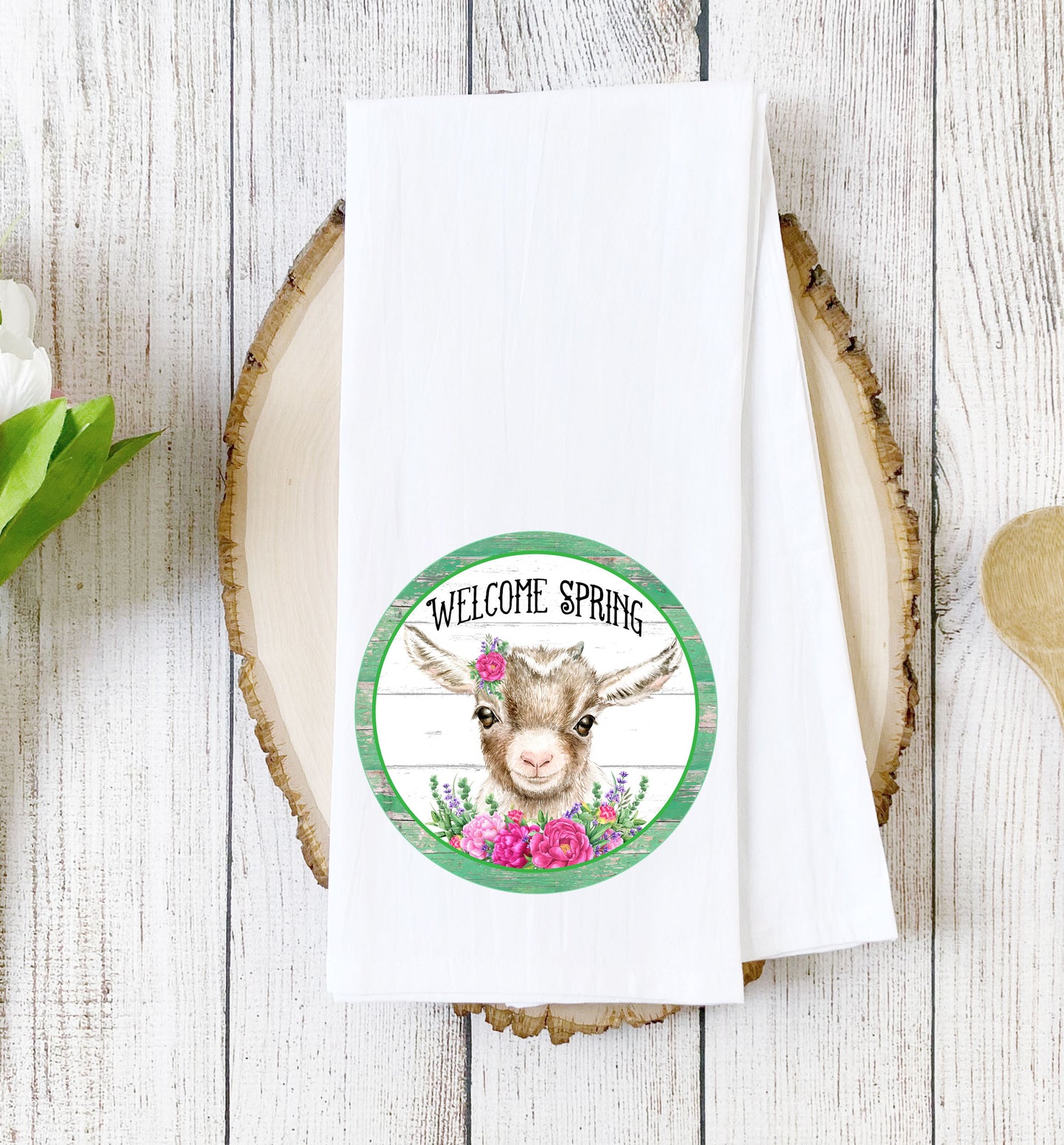 Welcome Spring Baby Goat Tea Towel