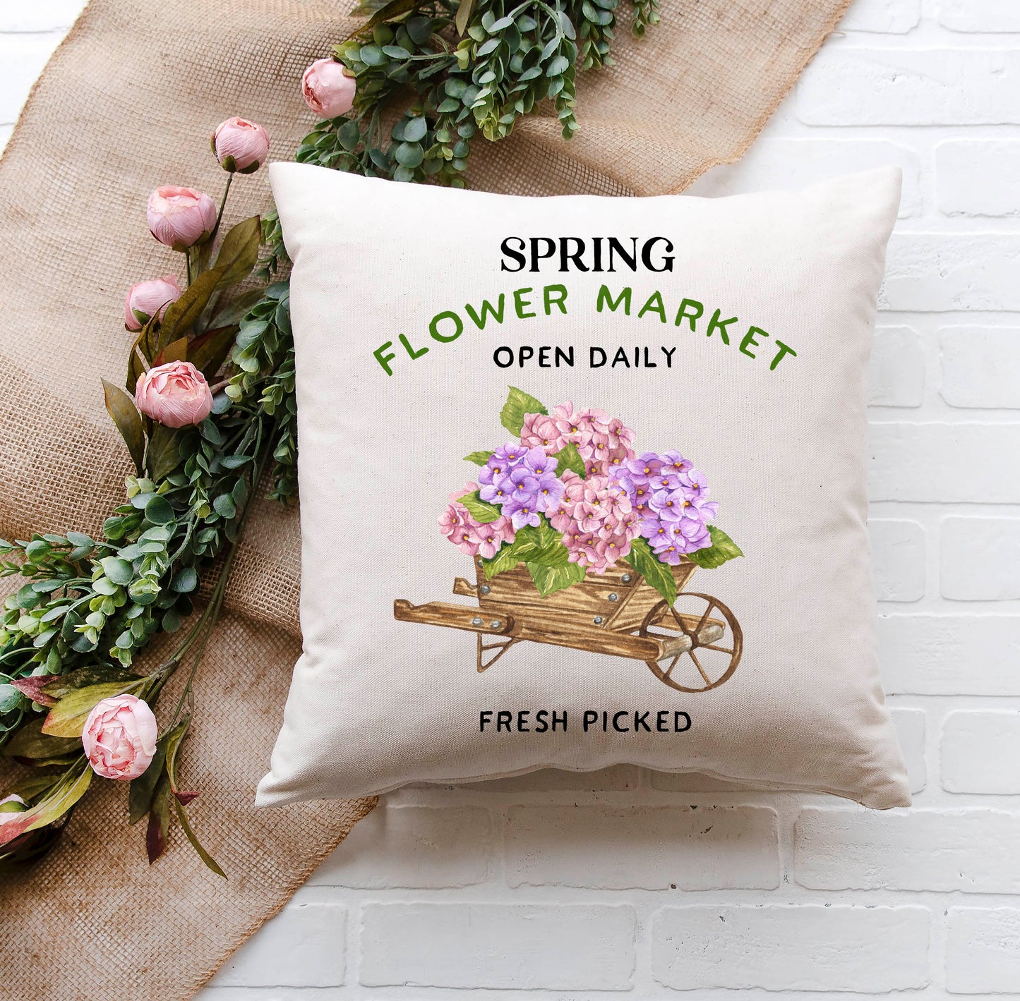 Flower Market Hydrangea Wheel Barrel  Pillow